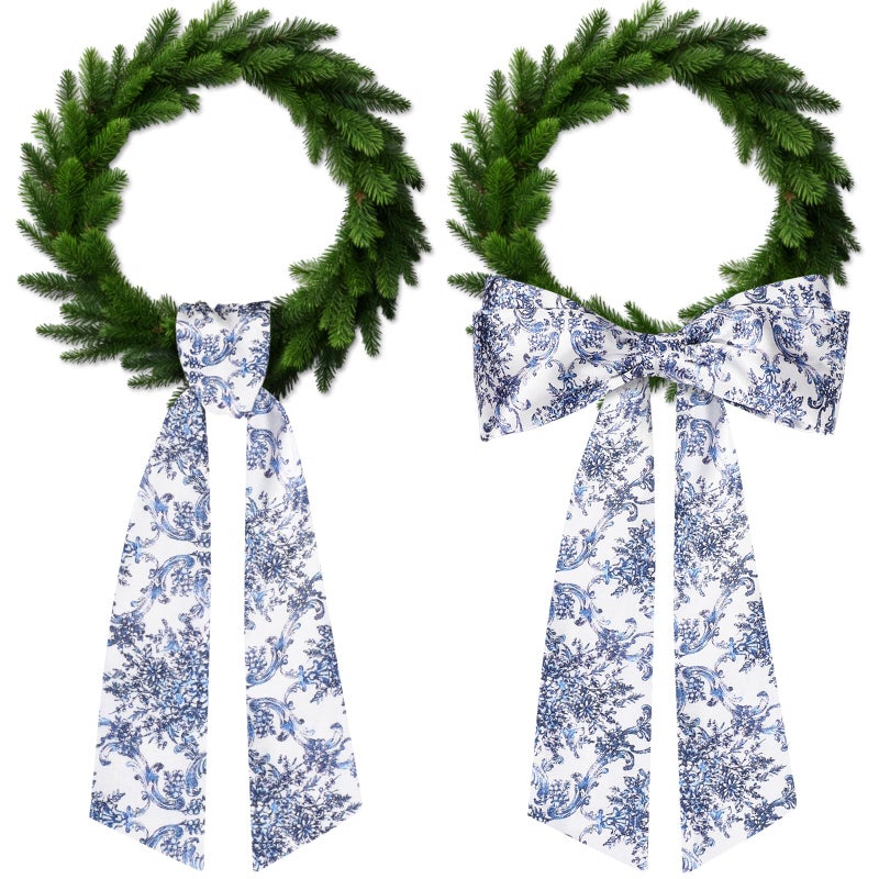 Yoirrat 2Pcs Chinoiserie Monogram Satin Blue White Flower Wreath Sash for Door Accessories Indoor/Outdoor Wall Decor - Image 1