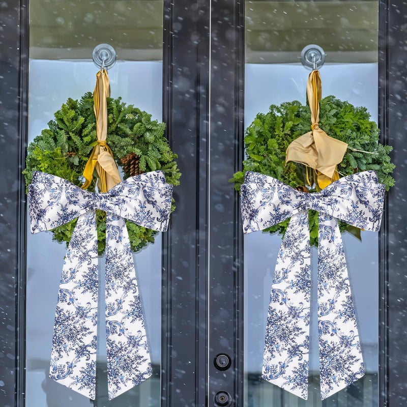 Yoirrat 2Pcs Chinoiserie Monogram Satin Blue White Flower Wreath Sash for Door Accessories Indoor/Outdoor Wall Decor - Image 5
