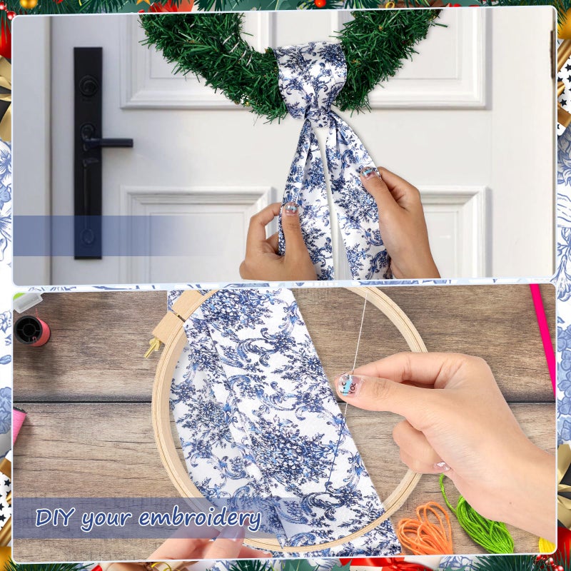 Yoirrat 2Pcs Chinoiserie Monogram Satin Blue White Flower Wreath Sash for Door Accessories Indoor/Outdoor Wall Decor - Image 4
