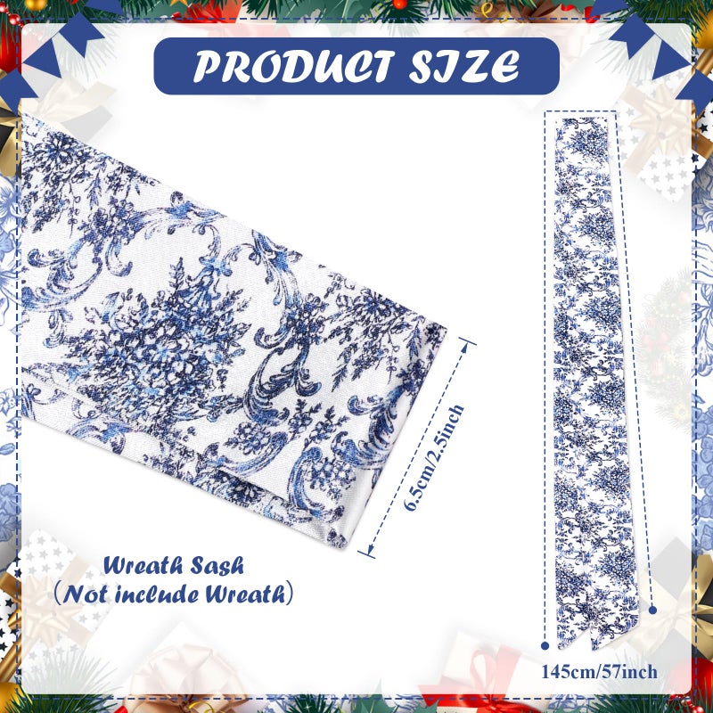 Yoirrat 2Pcs Chinoiserie Monogram Satin Blue White Flower Wreath Sash for Door Accessories Indoor/Outdoor Wall Decor - Image 2