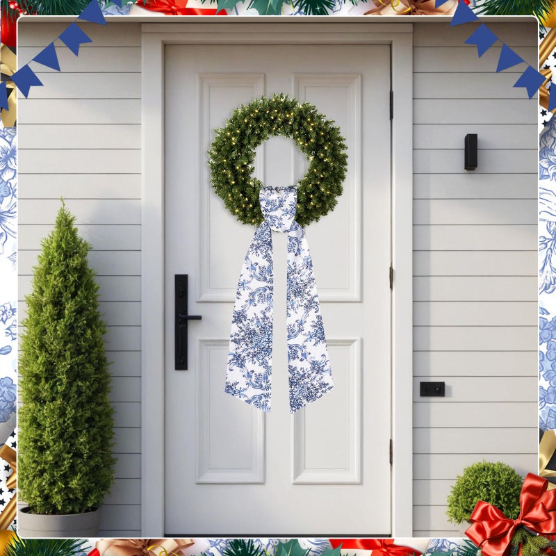 Yoirrat 2Pcs Chinoiserie Monogram Satin Blue White Flower Wreath Sash for Door Accessories Indoor/Outdoor Wall Decor - Image 3