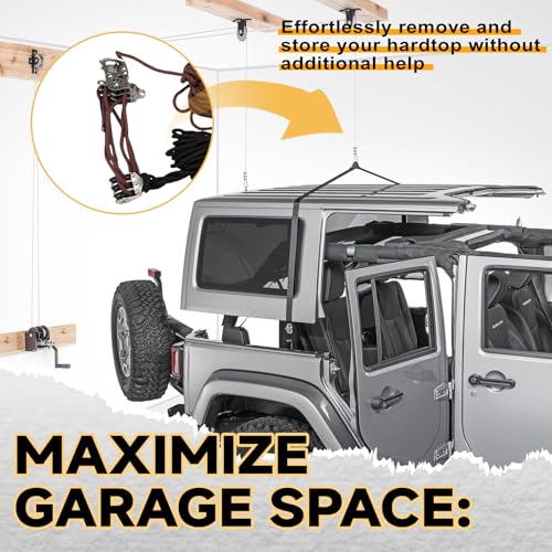 WILDGEAR مجموعة رفع إزالة السقف الصلب من وايلد جير تناسب جميع طرازات جيب رانجلر JK JL وفورد برونكو - عملية سهلة لشخص واحد تدعم أسقف بارتفاع 8-16 قدم. - Image 4