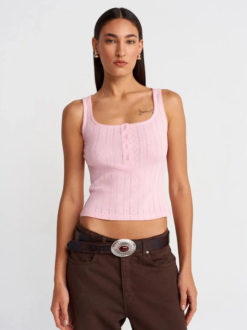 Dilvin DILVIN Slim Fit Ribbed Cotton Square-Neck Blouse