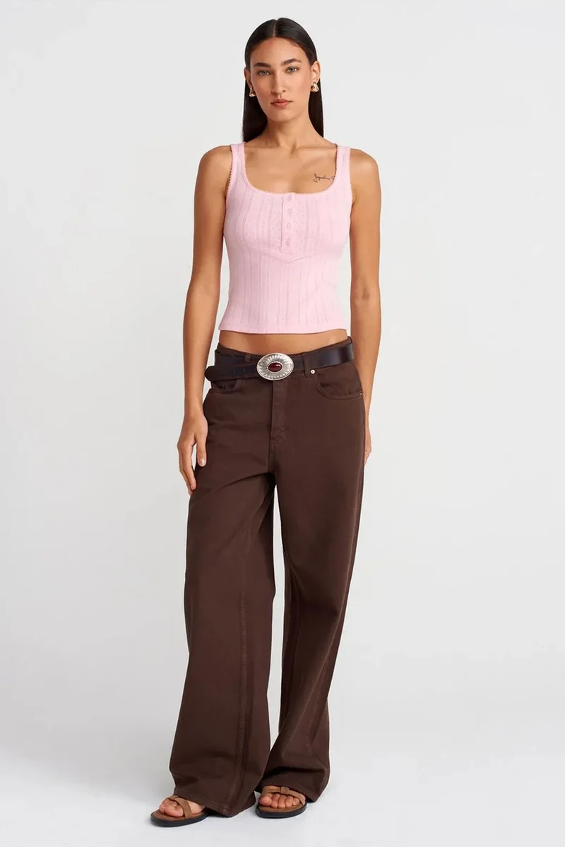 Dilvin Blush Pink DILVIN Slim Fit Ribbed Cotton Square-Neck Blouse for Women | Best Price UAE