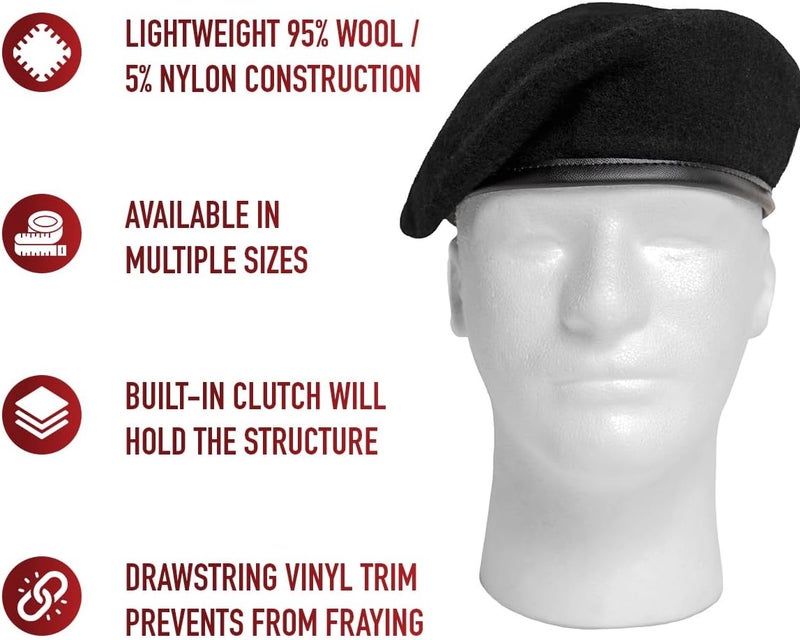 Rothco G.I. Style Wool Beret in Black - Adjustable Fit with Drawstring - Image 4