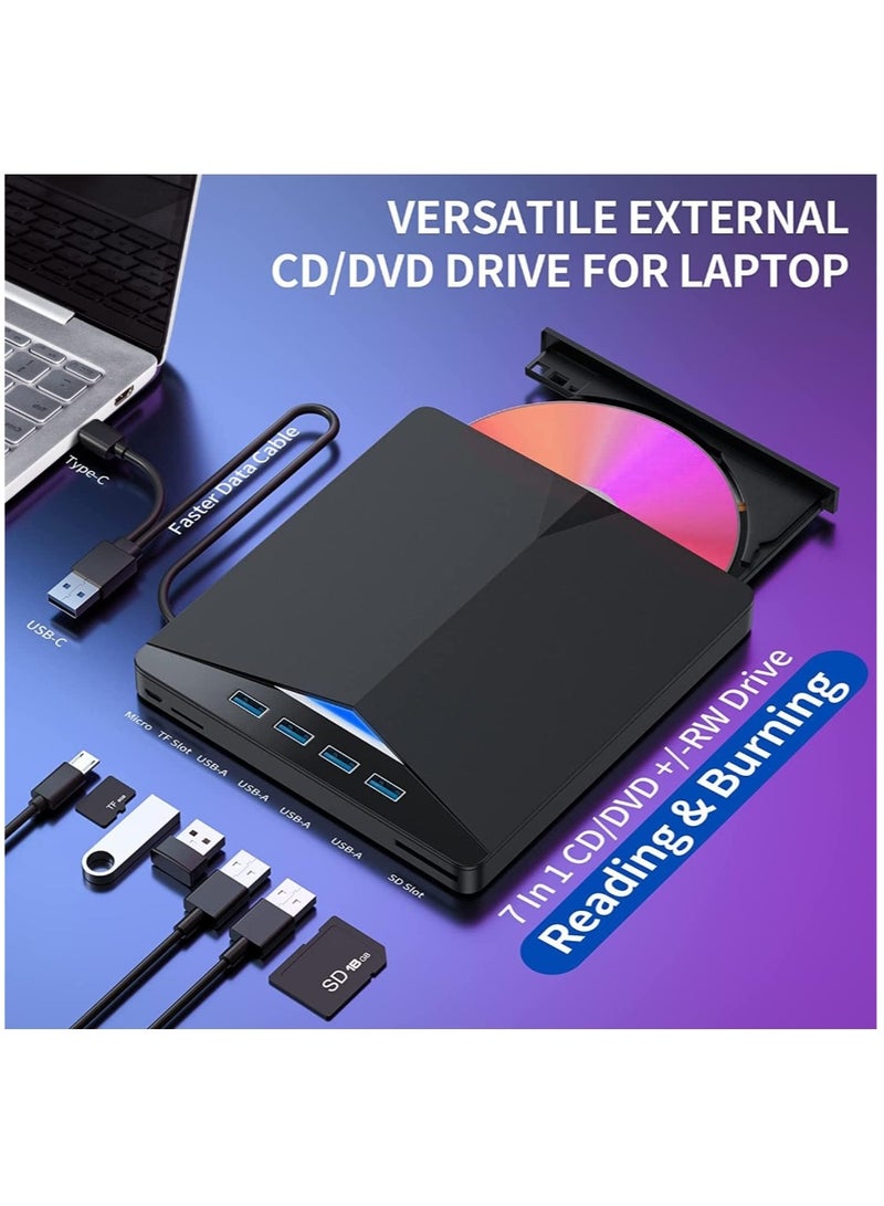 External CD DVD Drive,7 In 1 USB 3.0 DVD Player Portable CD/DVD Burner,CD ROM External DVD Drive For Laptop Compatible With Laptop Desktop PC Windows 11/10/8/7 Linux Mac OS  - Image 2