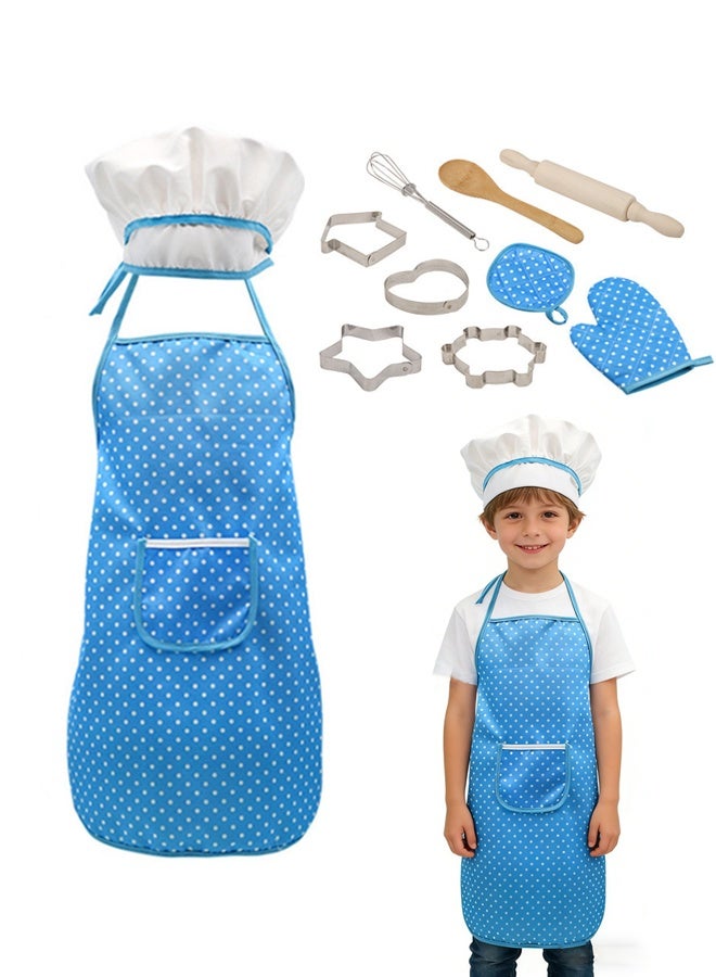 مجموعة زي الطهي للأطفال - مجموعة الطهي والخبز للأطفال 11 قطعة تتضمن منزلة للأطفال ، قبعة الطهي ، الأواني ، قفاف الطهي ، التظاهر باللعب هدية للأطفال البالغين من العمر 3 سنوات وما فوق (أزرق) - Image 1
