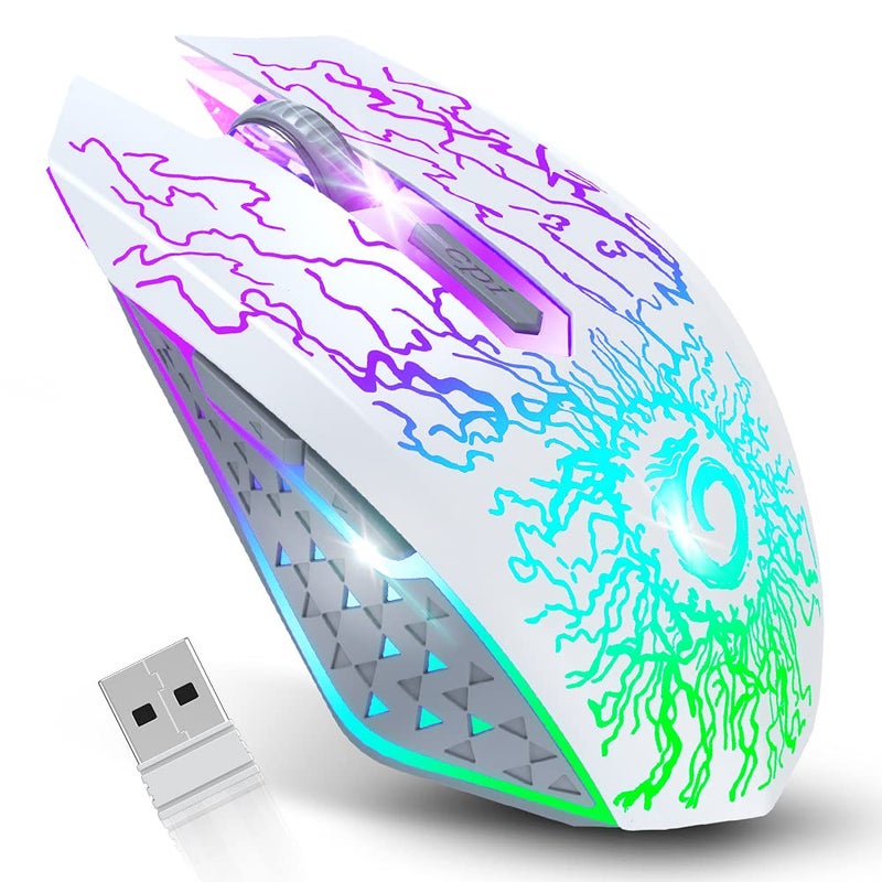 VersionTECH . Wireless Gaming Mouse, Rechargeable Computer Mouse Mice with Colorful LED Lights, Silent Click, 2.4G USB Nano Receiver, 3 Level DPI for PC Gamer Laptop Desktop Chromebook Mac-White - Image 1