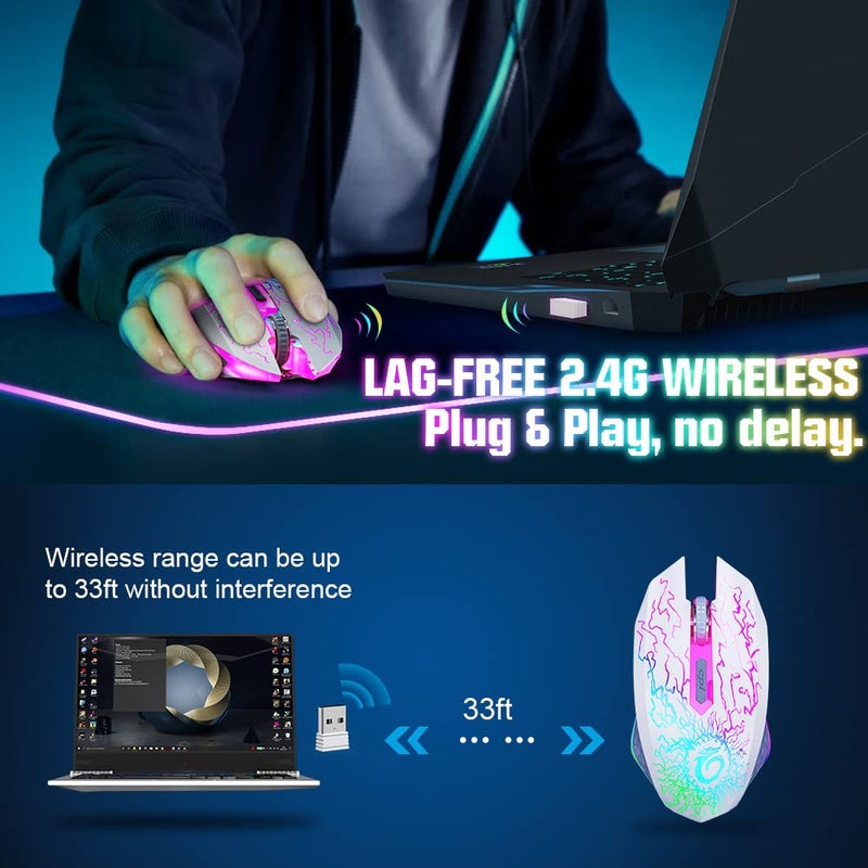 VersionTECH . Wireless Gaming Mouse, Rechargeable Computer Mouse Mice with Colorful LED Lights, Silent Click, 2.4G USB Nano Receiver, 3 Level DPI for PC Gamer Laptop Desktop Chromebook Mac-White - Image 2