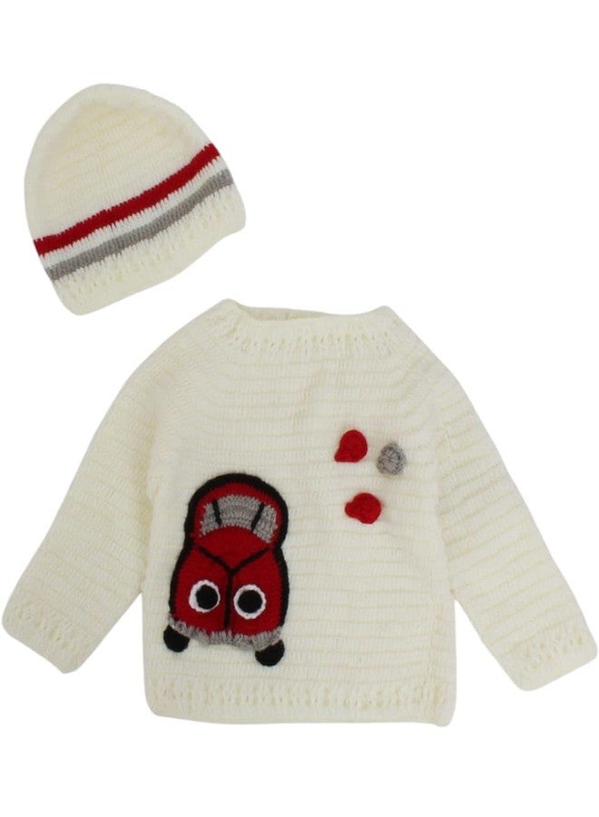 KNIT GEMS Elegant Handmade Crochet full selvees car detailling sweater for kids with cap | Knitted Wool | Warm Sweater Pullover Cardigan for Infant | Toddler | Baby Boy & Baby Girl |Winter wear(Cream) - Image 1
