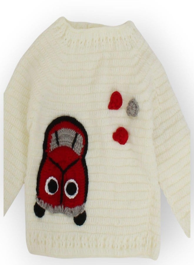 KNIT GEMS Elegant Handmade Crochet full selvees car detailling sweater for kids with cap | Knitted Wool | Warm Sweater Pullover Cardigan for Infant | Toddler | Baby Boy & Baby Girl |Winter wear(Cream) - Image 4