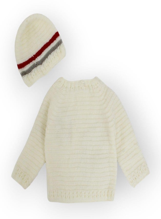 KNIT GEMS Elegant Handmade Crochet full selvees car detailling sweater for kids with cap | Knitted Wool | Warm Sweater Pullover Cardigan for Infant | Toddler | Baby Boy & Baby Girl |Winter wear(Cream) - Image 2