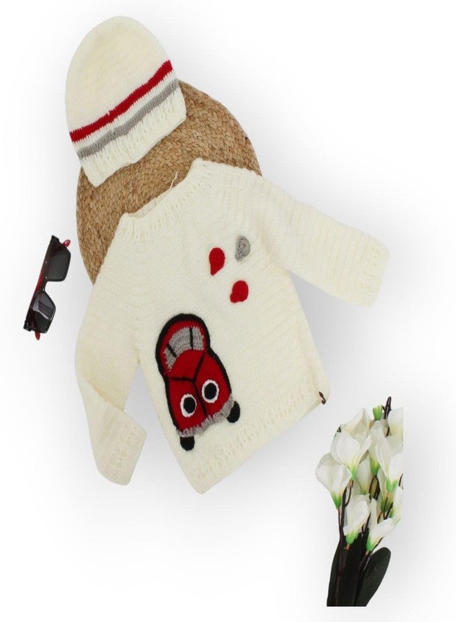 KNIT GEMS Elegant Handmade Crochet full selvees car detailling sweater for kids with cap | Knitted Wool | Warm Sweater Pullover Cardigan for Infant | Toddler | Baby Boy & Baby Girl |Winter wear(Cream) - Image 3