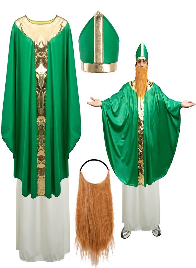 Shupakul 4 Pcs St. Patrick's Day Wiseman Costume, Catholic Saint Patrick Men Costumes Include Robe, Waist Skirt, Hat and False Beard, St Patricks Parade Costume for Adult Irish Party Outfit - Image 1