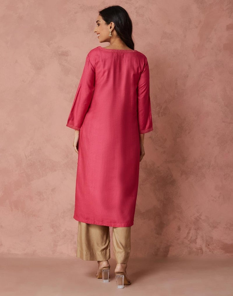Fabindia Pink Viscose Silk Embroidered Long Kurta - Image 4