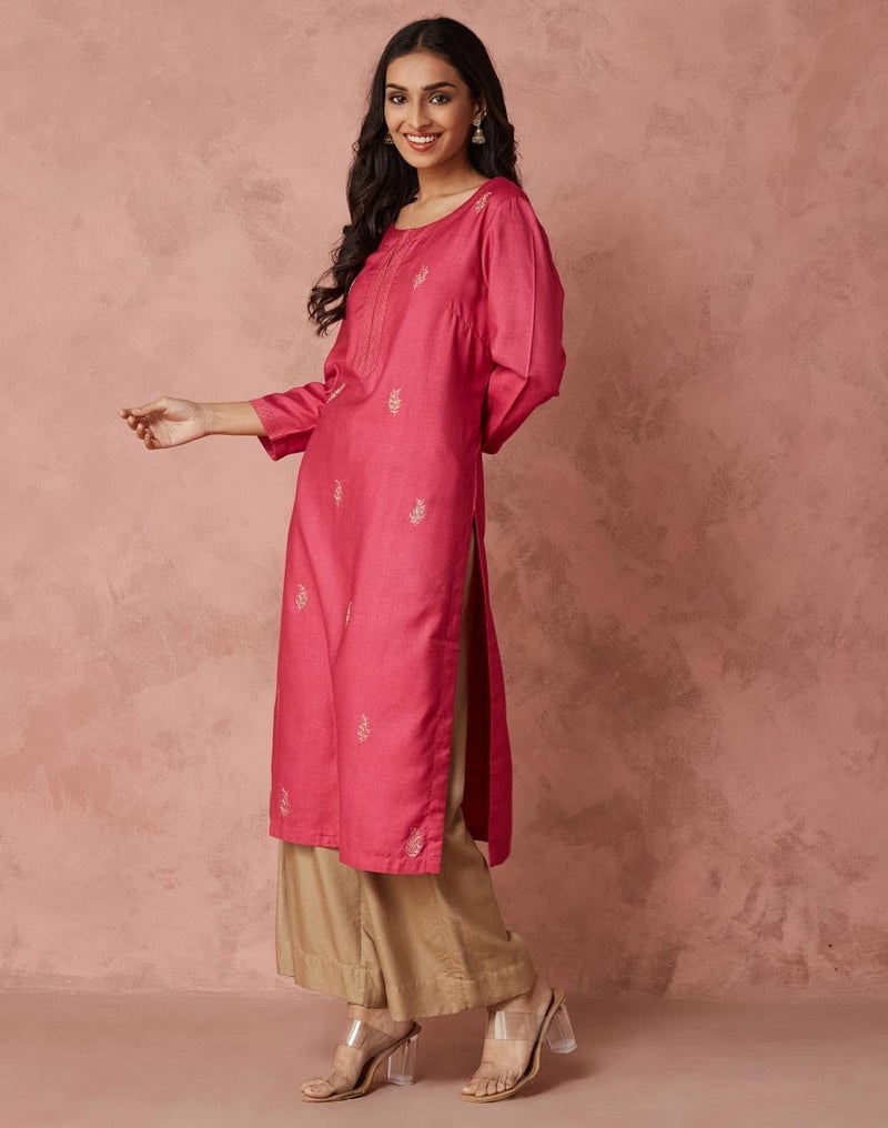 Fabindia Pink Viscose Silk Embroidered Long Kurta - Image 3