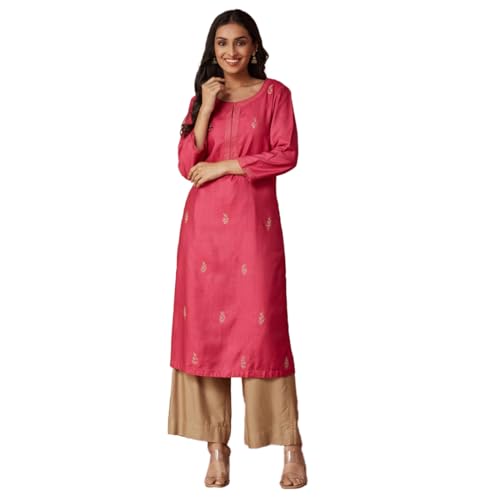 Fabindia Pink Viscose Silk Embroidered Long Kurta - Image 1