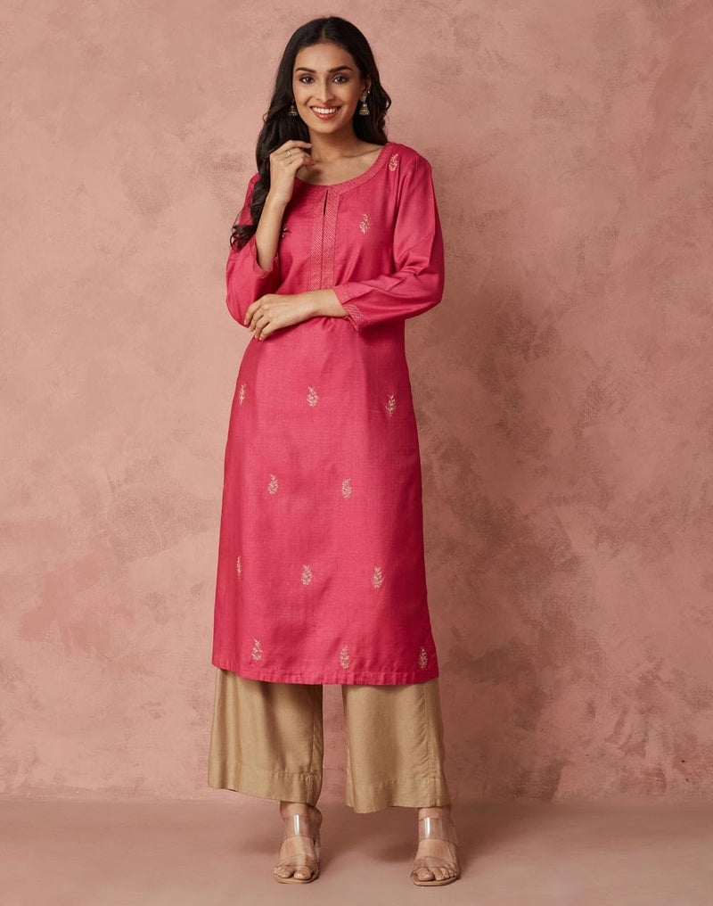 Fabindia Pink Viscose Silk Embroidered Long Kurta - Image 2