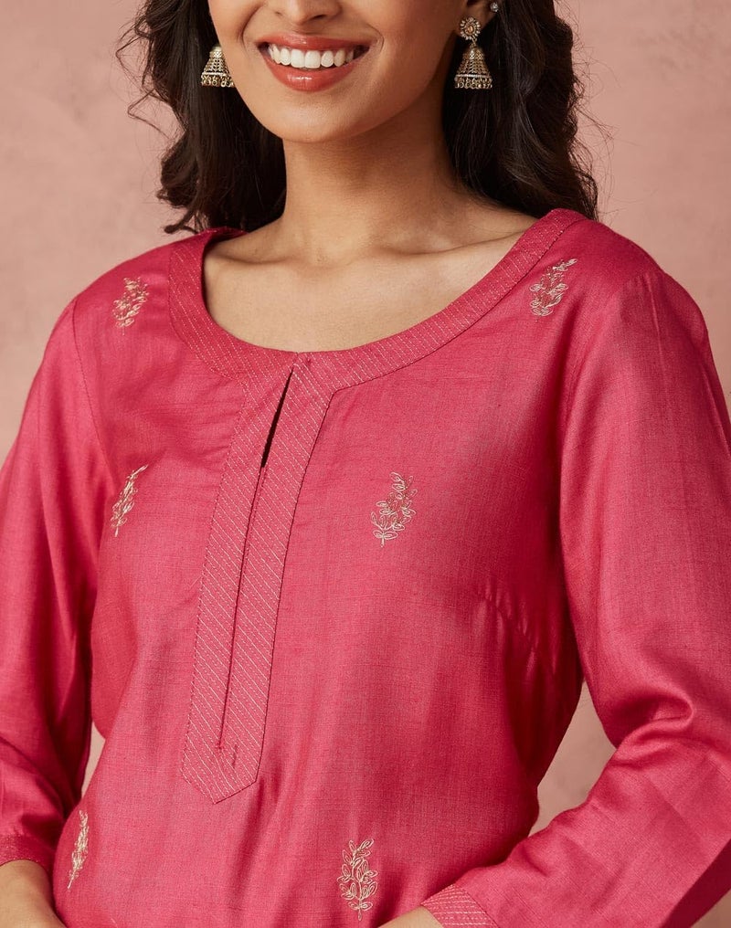 Fabindia Pink Viscose Silk Embroidered Long Kurta - Image 5