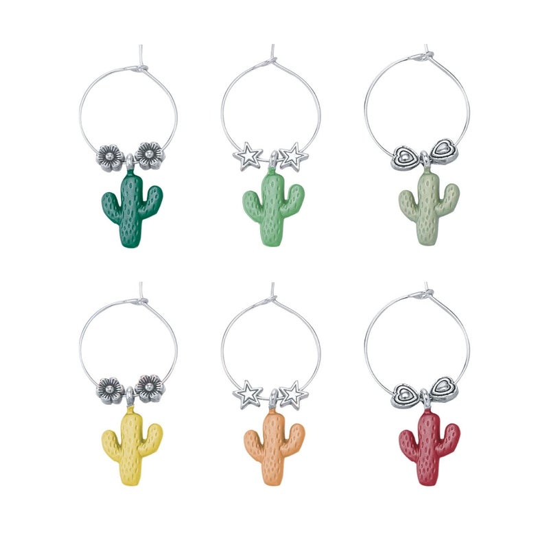 Wine Things 6-Piece Wine Charms/Wine Glass Tags/Drink Markers for Stem Glasses, Wine Tasting Party (Cactus) - Image 2