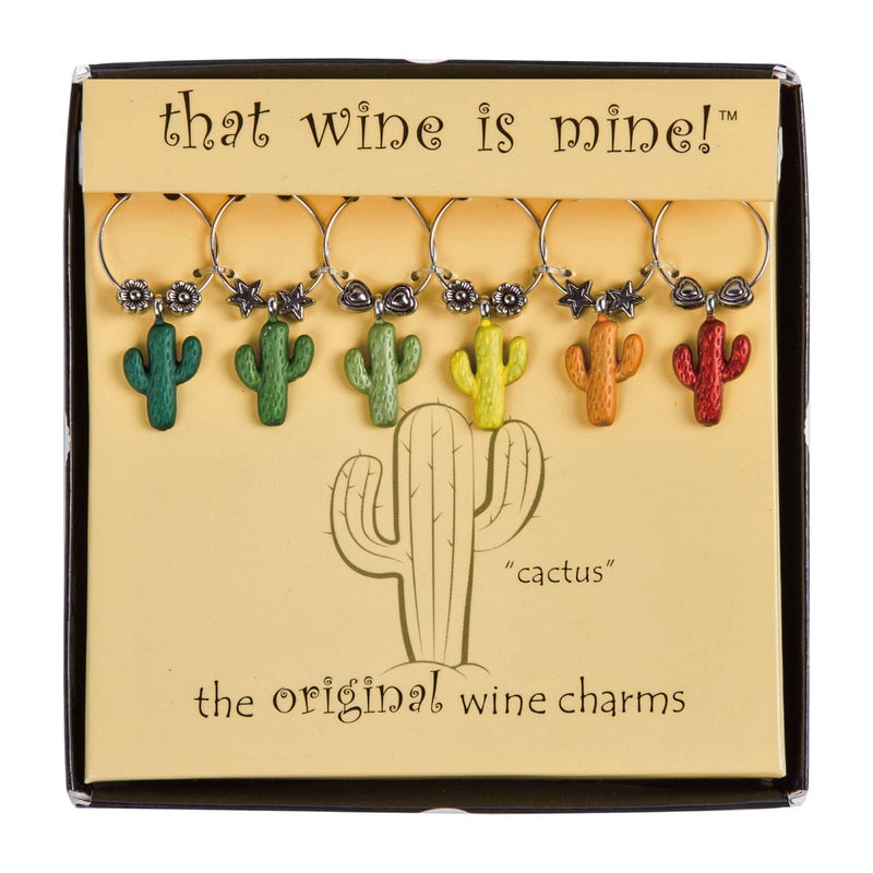 Wine Things 6-Piece Wine Charms/Wine Glass Tags/Drink Markers for Stem Glasses, Wine Tasting Party (Cactus) - Image 1