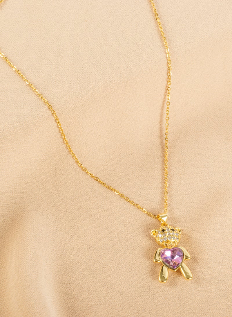 Stainless Steel Necklace with a Zirconic Bear and Crystal Stone Heart
