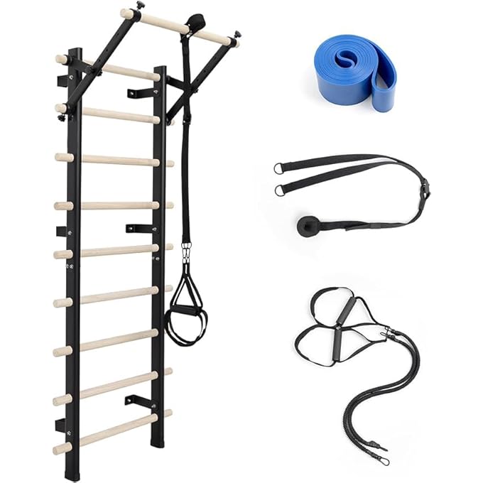 rayihni Swedish Ladder, Wood Stall Bar With Suspension Trainer Straps, Pull-Up Dip Bar Attachment, 10 Strategic Rods, For Home, School, Hysical Therapy And Gymnastics - Image 2