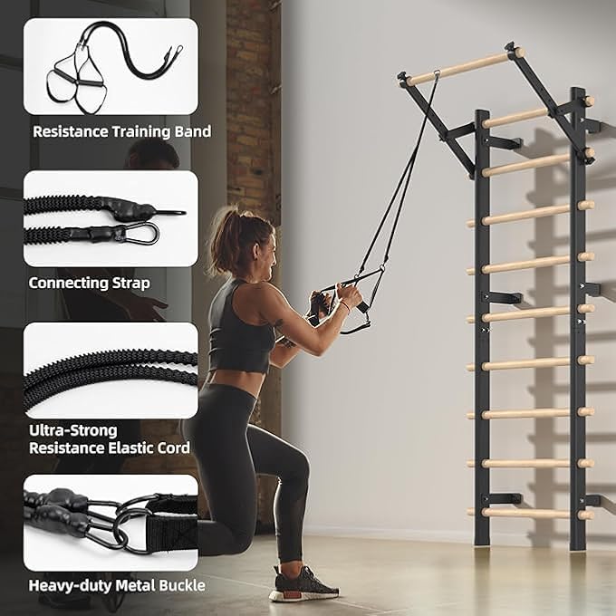rayihni Swedish Ladder, Wood Stall Bar With Suspension Trainer Straps, Pull-Up Dip Bar Attachment, 10 Strategic Rods, For Home, School, Hysical Therapy And Gymnastics - Image 4