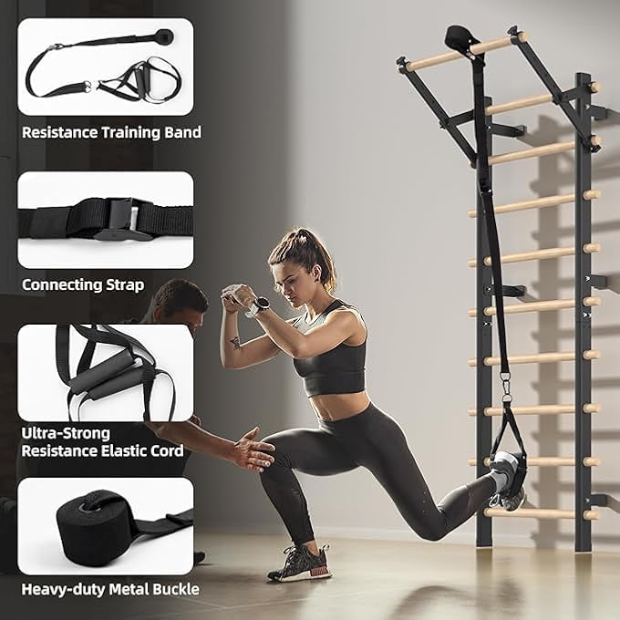 rayihni Swedish Ladder, Wood Stall Bar With Suspension Trainer Straps, Pull-Up Dip Bar Attachment, 10 Strategic Rods, For Home, School, Hysical Therapy And Gymnastics - Image 5