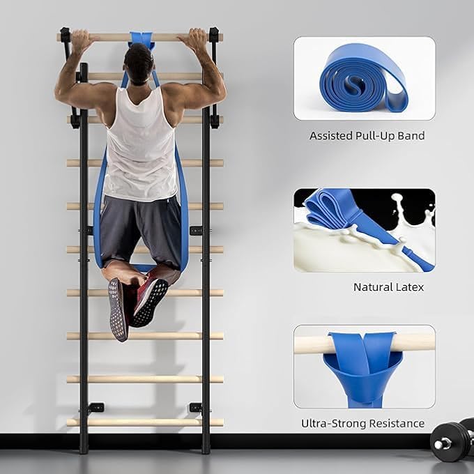 rayihni Swedish Ladder, Wood Stall Bar With Suspension Trainer Straps, Pull-Up Dip Bar Attachment, 10 Strategic Rods, For Home, School, Hysical Therapy And Gymnastics - Image 3