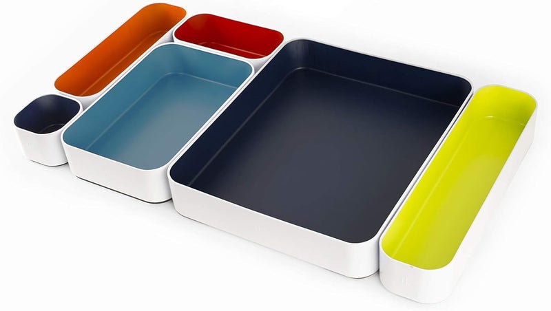 Three by Three Seattle 6 Piece Metal Organizer Tray Set for Storing Makeup Stationery Utensils and More in Office Desk Kitchen and Bathroom Drawers 2 Inch Classic Colors