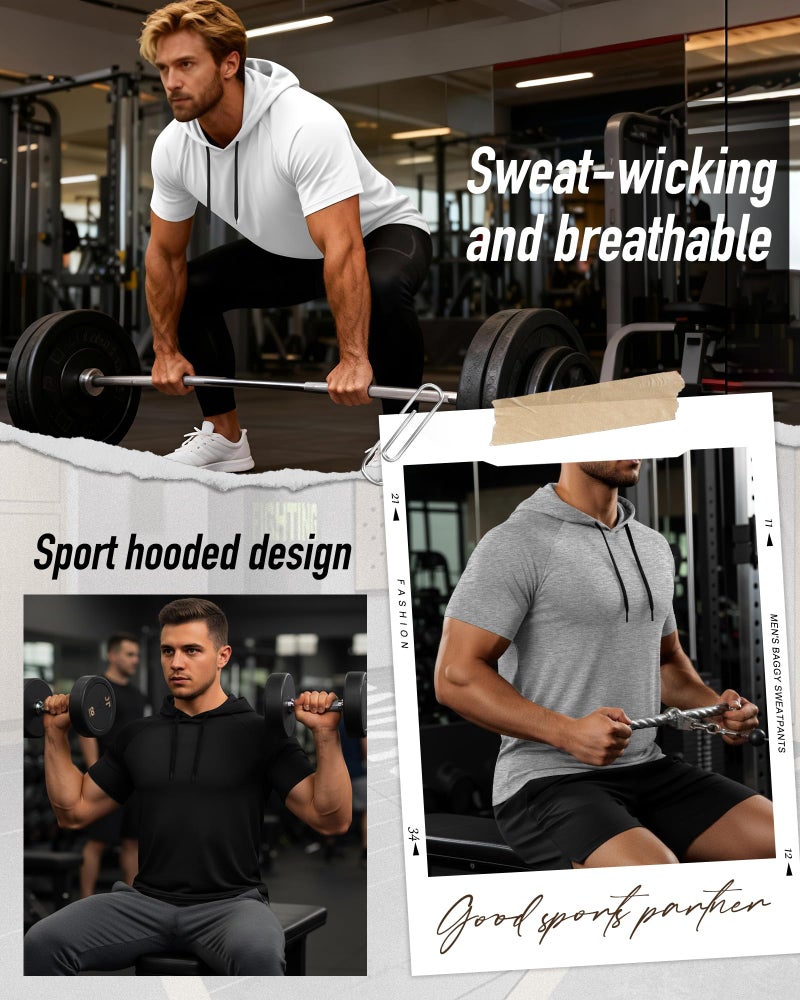 Ficerd 3 Pack Men's Short Sleeve Hoodies Workout Hooded T Shirts Lightweight Casual Athletic Running Pullover Sweatshirt(White, Gray, Black,Medium) - Image 3