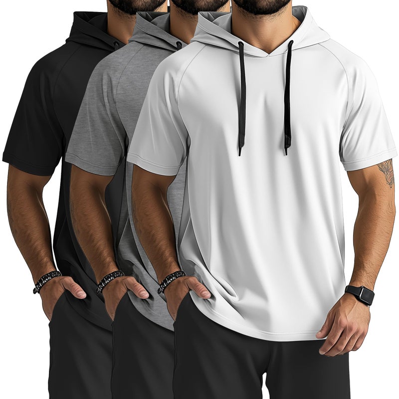 Ficerd 3 Pack Men's Short Sleeve Hoodies Workout Hooded T Shirts Lightweight Casual Athletic Running Pullover Sweatshirt(White, Gray, Black,Medium) - Image 1