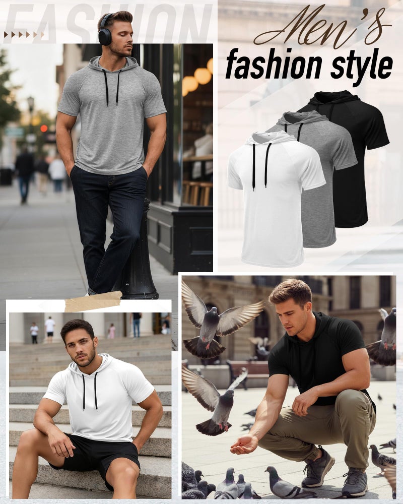 Ficerd 3 Pack Men's Short Sleeve Hoodies Workout Hooded T Shirts Lightweight Casual Athletic Running Pullover Sweatshirt(White, Gray, Black,Medium) - Image 4