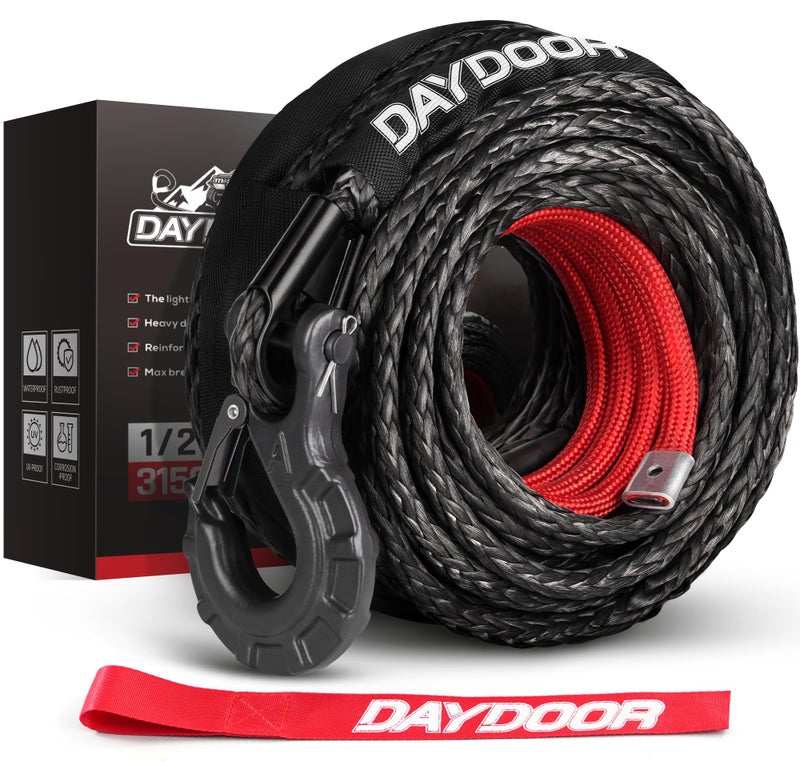 DAYDOOR Synthetic Winch Rope 12 Inch x 92ft 31500 LBS Synthetic Winch Line Synthetic Winch Cable for Offroad Vehicle 4WD SUV Jeep Truck Synthetic Rope with Forged Winch HookGray