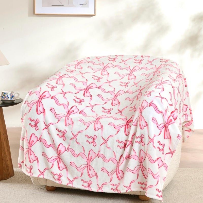 Jungle Star Pink Bow Throw Blanket â€“Easter Soft Fleece Blanket for Girls and Women, Coquette Aesthetic Room Decor for Bed, Couch, Chair, Preppy Bedroom or Gift, Cute Pink Bow Decor Blanket - Image 1