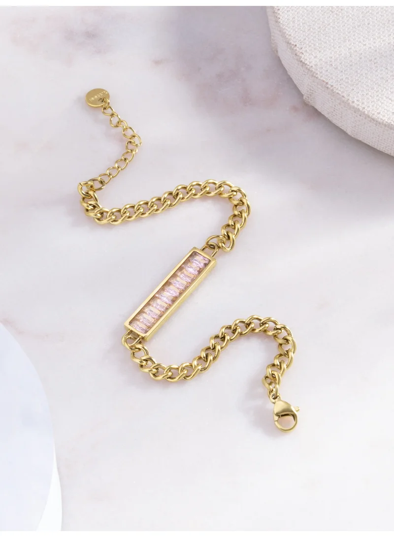 بالموناس 18K Gold Tone Plated Crystal Bar Cuban Chain Bracelet For Women - Waterproof & Anti-Tarnish