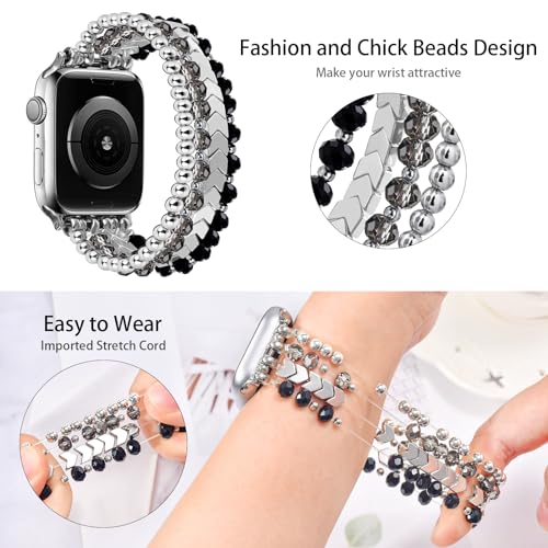 MOFREE Beaded Bracelet Compatible with Apple Watch Band 38mm/40mm/41mm/42mm, Fashion Elastic Stretch Women Bands for iWatch Series 11/10/9/8/7/SE/6/5/4/3/2/1 iPhone Watch Strap Bands (Black/Silver) - Image 3