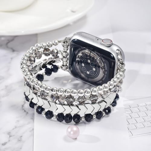 MOFREE Beaded Bracelet Compatible with Apple Watch Band 38mm/40mm/41mm/42mm, Fashion Elastic Stretch Women Bands for iWatch Series 11/10/9/8/7/SE/6/5/4/3/2/1 iPhone Watch Strap Bands (Black/Silver) - Image 2