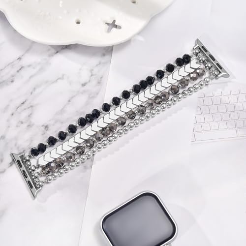 MOFREE Beaded Bracelet Compatible with Apple Watch Band 38mm/40mm/41mm/42mm, Fashion Elastic Stretch Women Bands for iWatch Series 11/10/9/8/7/SE/6/5/4/3/2/1 iPhone Watch Strap Bands (Black/Silver) - Image 4