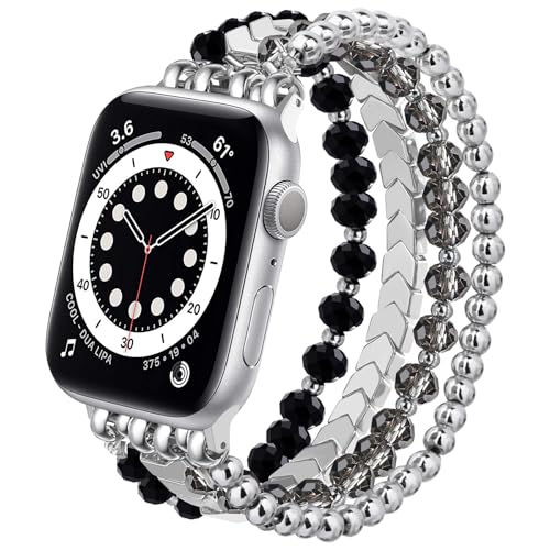 MOFREE Beaded Bracelet Compatible with Apple Watch Band 38mm/40mm/41mm/42mm, Fashion Elastic Stretch Women Bands for iWatch Series 11/10/9/8/7/SE/6/5/4/3/2/1 iPhone Watch Strap Bands (Black/Silver) - Image 1