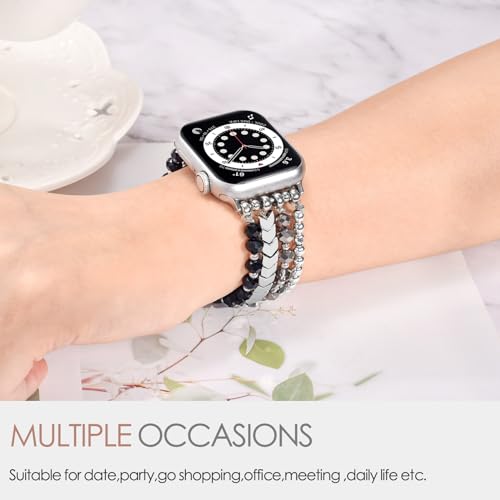 MOFREE Beaded Bracelet Compatible with Apple Watch Band 38mm/40mm/41mm/42mm, Fashion Elastic Stretch Women Bands for iWatch Series 11/10/9/8/7/SE/6/5/4/3/2/1 iPhone Watch Strap Bands (Black/Silver) - Image 5
