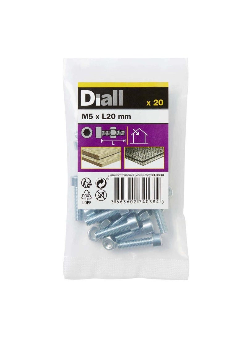 M5 Cylindrical Carbon Steel Set Screw And Nut 20 Mm 20 Piece