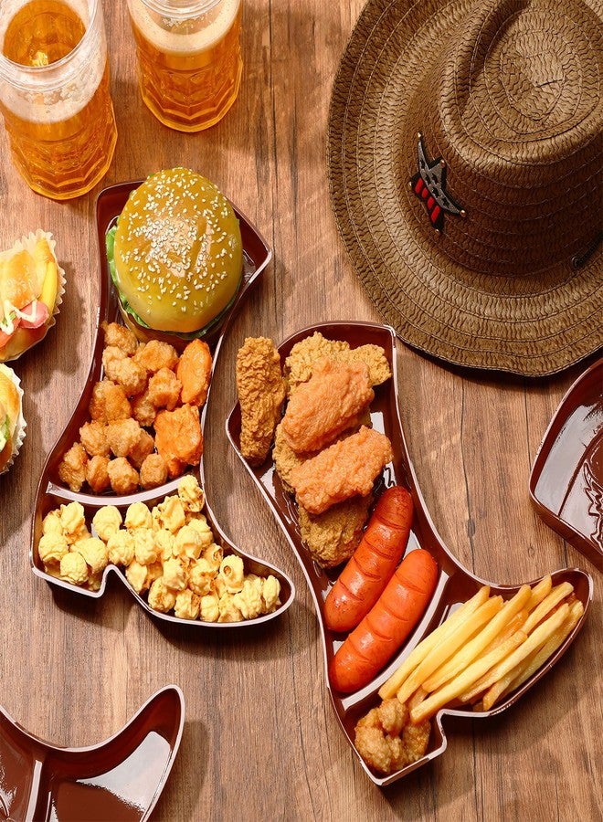 Uiifan 24 Pcs Cowboy Boot Party Serving Trays, Disposable Plastic Compartment Plates Boot Shaped Plates Western Theme Party Decorations Tableware for Cowboy Cowgirl Birthday Supplies (Brown) - Image 4