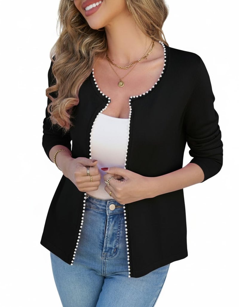 CiCiBird Women Lightwight Open Front Sweater Cardigan Pearls Trim Knit Jacket Trendy Long Sleeve Cropped Coat Black L - Image 1