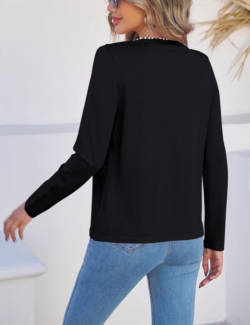 CiCiBird Women Lightwight Open Front Sweater Cardigan Pearls Trim Knit Jacket Trendy Long Sleeve Cropped Coat Black L - Image 2