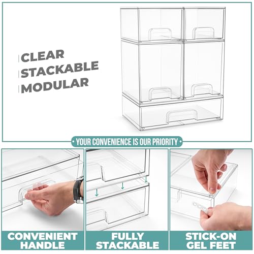 Sorbus Acrylic Storage Containers - 5 Pack, Stackable Storage Bins Set for Bathroom Organization - Clear Acrylic Drawer Organizers - Makeup Case Pull-Out Drawers (7.6’’ and 4.4’’ Tall and 12.1’’ Wide) - Image 4