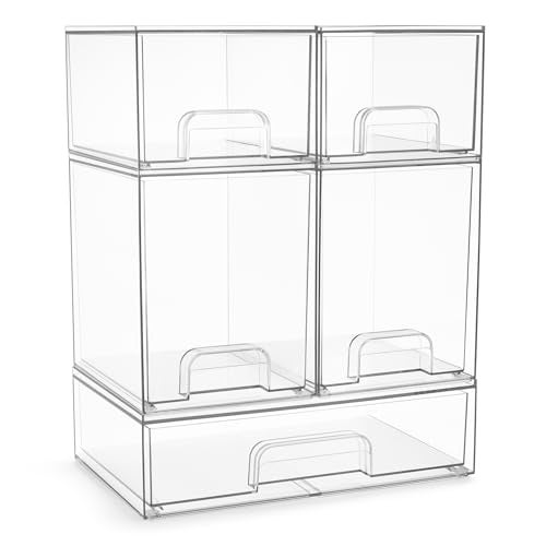 Sorbus Acrylic Storage Containers - 5 Pack, Stackable Storage Bins Set for Bathroom Organization - Clear Acrylic Drawer Organizers - Makeup Case Pull-Out Drawers (7.6’’ and 4.4’’ Tall and 12.1’’ Wide) - Image 1
