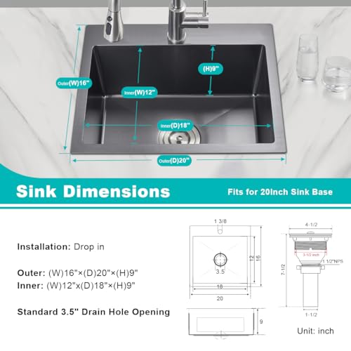 TSIBOMU Kitchen Sink Drop in - TSIBOMU 20 x 16 Inch Kitchen Sink Topmount 18 Gauge Stainless Steel Single Bowl Overmount Bar Sink(Black) - Image 4