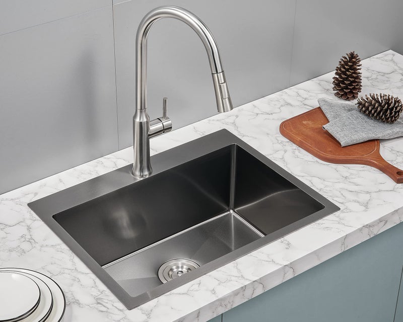 TSIBOMU Kitchen Sink Drop in - TSIBOMU 20 x 16 Inch Kitchen Sink Topmount 18 Gauge Stainless Steel Single Bowl Overmount Bar Sink(Black) - Image 2